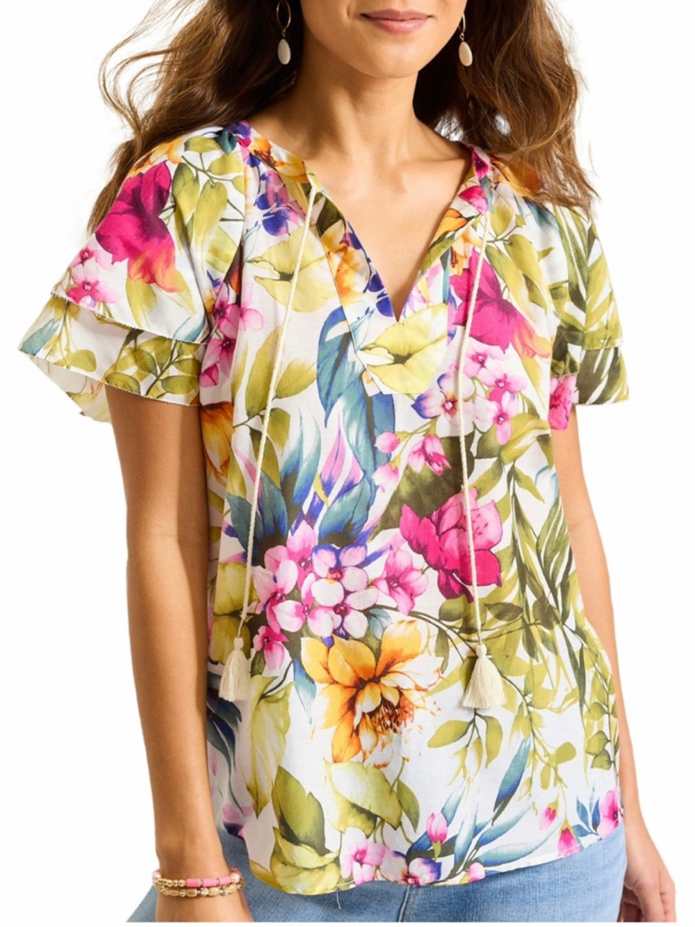 Tommy Bahama Verde Blooms Cotton & Silk Flutter Sleeve Top